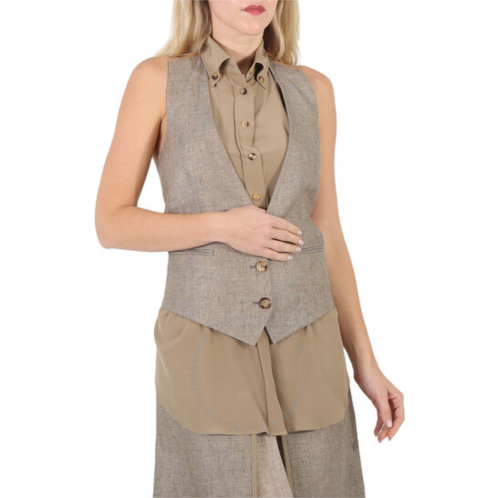 Burberry Ladies Cedar Brown Melange Silk Shirt Detail Linen Remodeled Vest, Brand Size 10 (US Size 8)