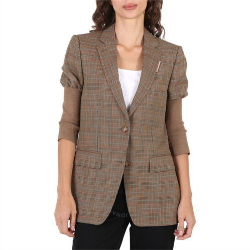 Burberry Ladies Fawn Knitted Sleeve Houndstooth Check Wool Tailored Jacket, Brand Size 6 (US Size 2)