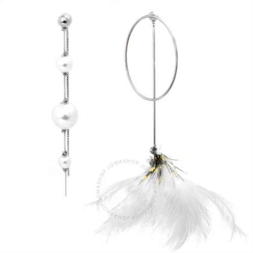 Burberry Ladies Glass Pearl & Ostrich Feather Asymmetrical Drop Earrings