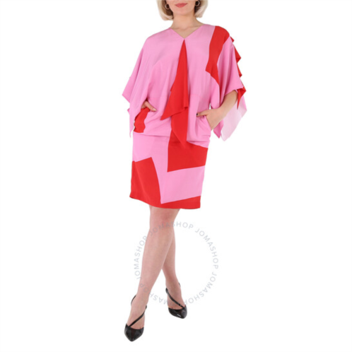 Burberry Ladies Primrose Pink Geometric Print Silk Crepe De Chine Cape Sleeve Dress, Brand Size 10 (US Size 8)