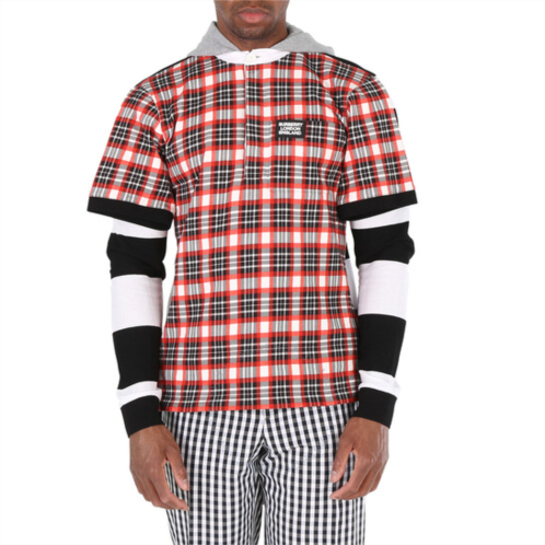 Burberry Mens Bright Red Plaid And Striped Cotton Remodeled Rugby Shirt, Size X-Small