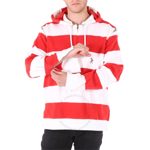 Burberry Mens Red Zip Detail Striped Cotton Hoodie, Size Small