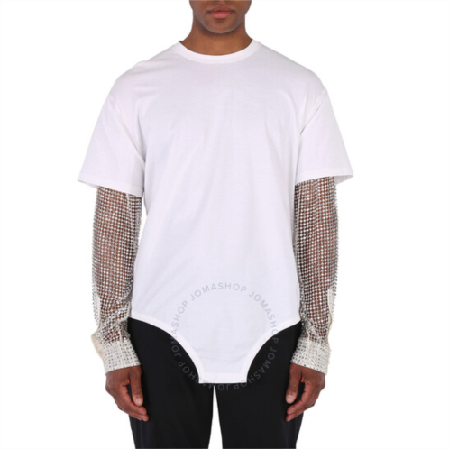 Burberry Optic White Cotton Cut-Out Hem Crystal Sleeve Oversized T-Shirt, Size X-Small