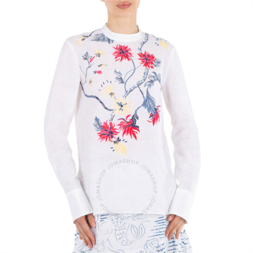 Chloe White Floral Embroidered Top In Linen Canvas, Brand Size 36 (US Size 2)