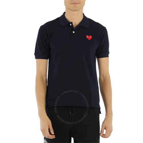 Comme Des Garcons Embroidered Red Heart Polo Shirt In Navy, Size Medium