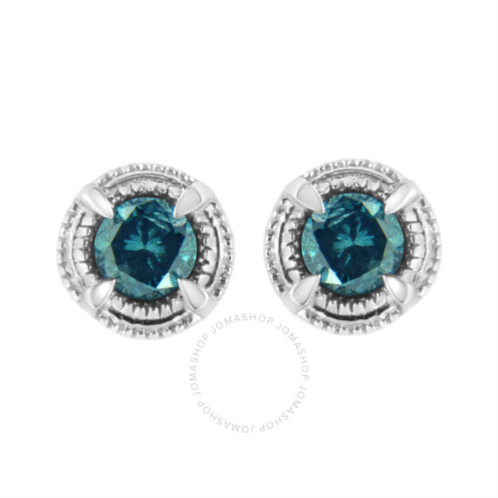 Haus Of Brilliance .925 Sterling Silver 1/2 cttw Treated Blue Diamond Modern 4-Prong Solitaire Milgrain Stud Earrings