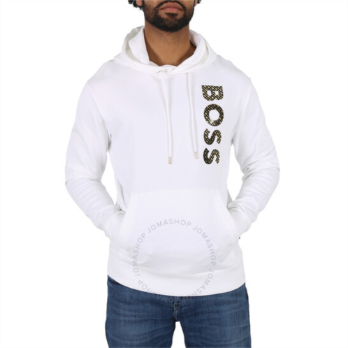 Hugo Boss White French-Terry Cotton Monogram Logo Hoodie, Size Medium