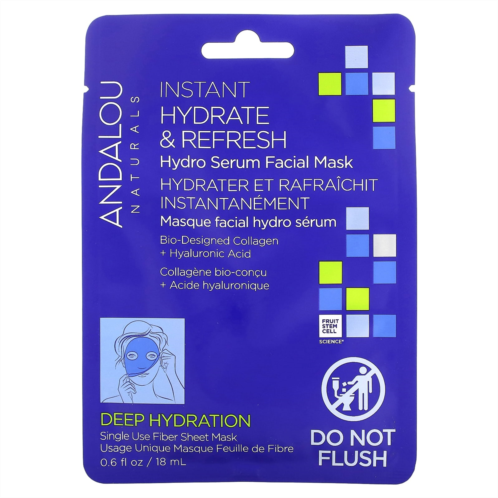 Andalou Naturals Instant Hydrate & Refresh Hydro Serum Beauty Facial Mask 1 Fiber Sheet 0.6 fl oz (18 ml)