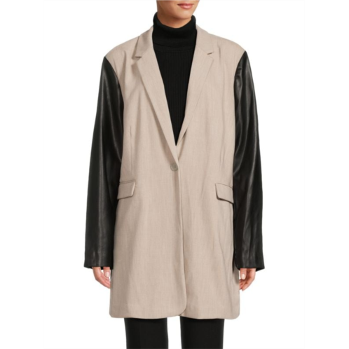DKNY Mixed Media Faux Leather Sleeve Longline Jacket