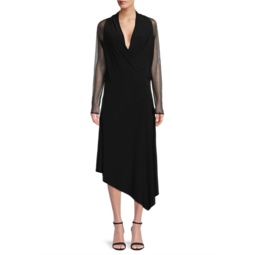 Donna Karan New York Mesh Sleeve Asymmetric Midi Dress