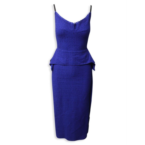 Roland Mouret Peplum Tweed Midi Dress In Blue Cotton