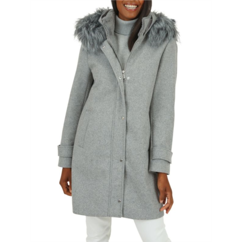 Nine West Hooded Faux Fur Trim Wool Blend Coat