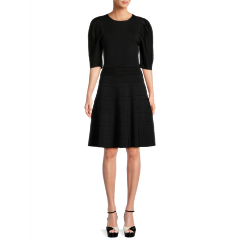 Nicole Miller Solid Elbow Sleeve A-Line Dress