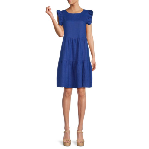 Saks Fifth Avenue 100% Linen Flutter Sleeve Tiered Mini Dress