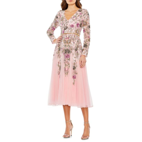 Mac Duggal Beaded Floral Midi Dress