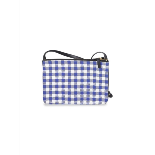 Celine Trio Gingham Crossbody Bag In Blue And White Cotton