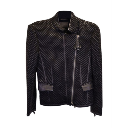 Giorgio Armani Woven Asymmetric Zip Jacket In Black Lambskin Leather