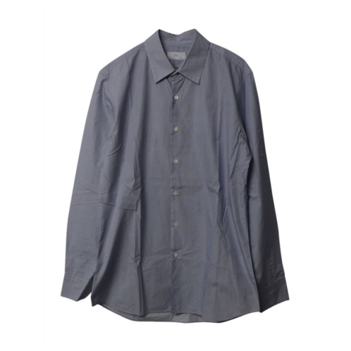 Prada Rectangle Chain Microprint Long Sleeve Button-Up Shirt In Blue Cotton