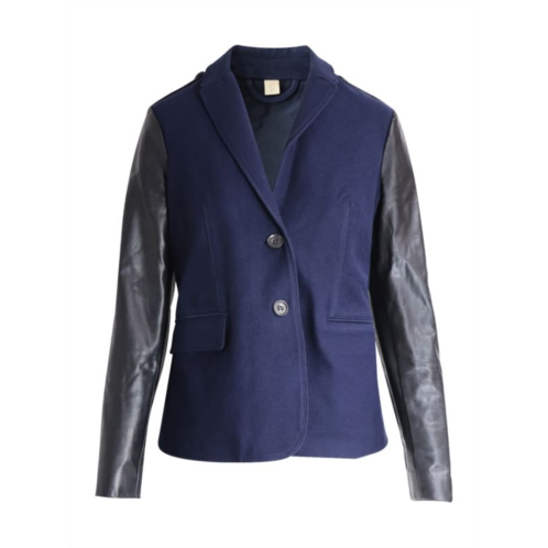 Burberry Brit Leather Sleeve Blazer In Navy Cotton
