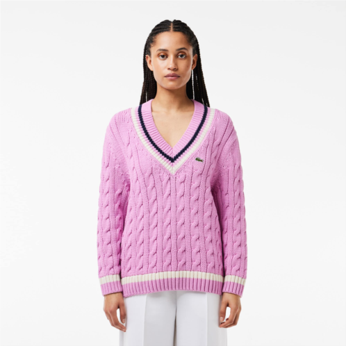 Lacoste Womens Contrast Accent Cable Knit V Neck Sweater