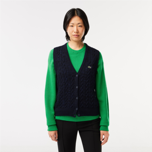 Lacoste Womens Sleeveless Cable Knit Cotton & Wool Blend Vest