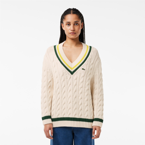 Lacoste Womens Contrast Accent Cable Knit V Neck Sweater
