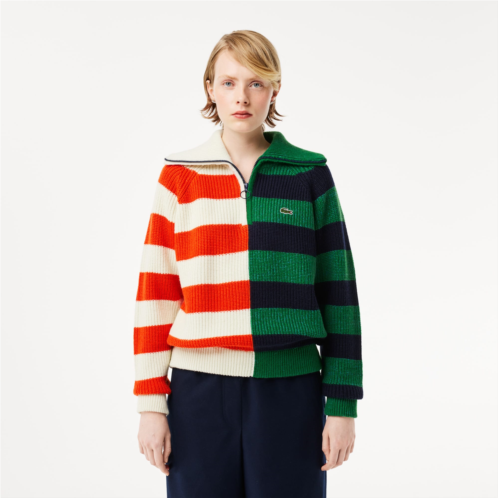 Lacoste Womens Wool Zip Neck Contrast Stripe Colorblock Sweater