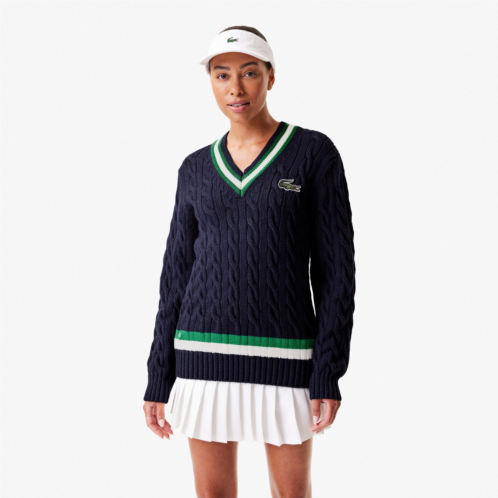 Lacoste Unisex V-Neck Cable Knit Striped Sweater