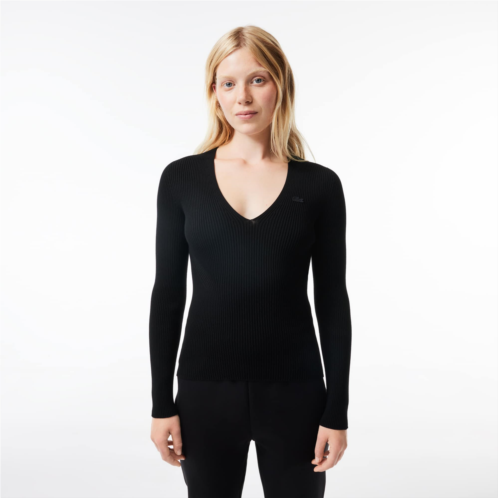 Lacoste Womens Seamless Ribbed V-Neck Sweater