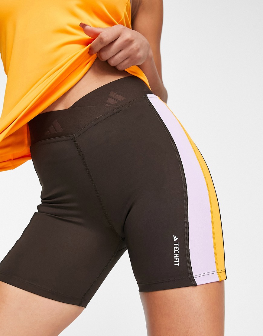 Adidas performance adidas Training Techfit color block high rise legging shorts in brown, orange and purple