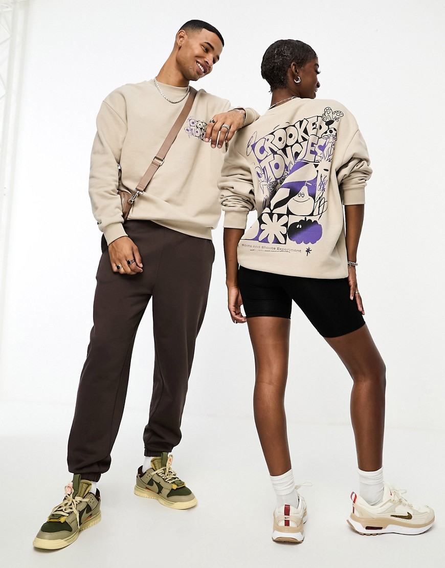 ASOS CROOKED TONGUES unisex oversized sweatshirt in beige with back print
