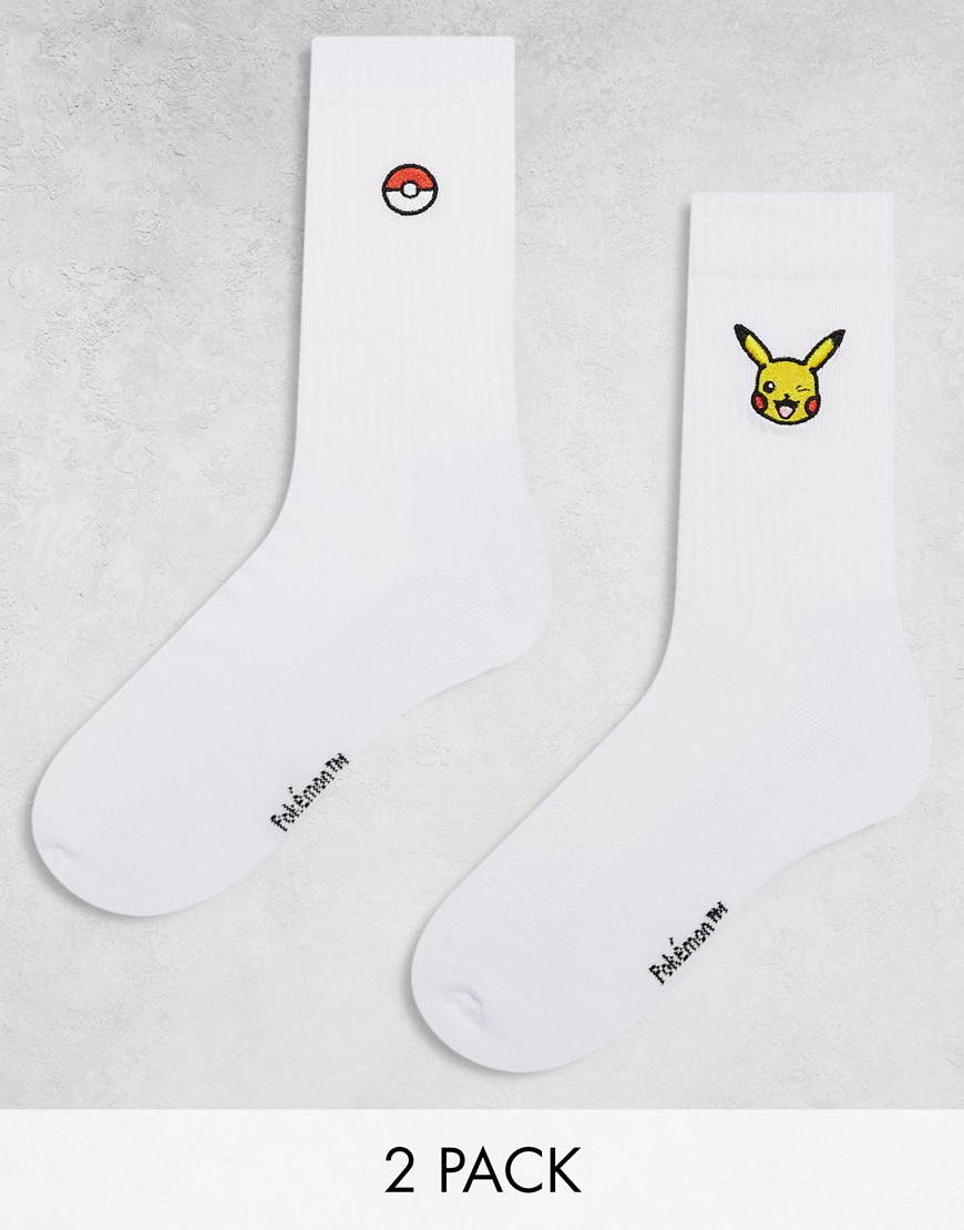 ASOS DESIGN 2 pack socks with Pokemon embroidery in white