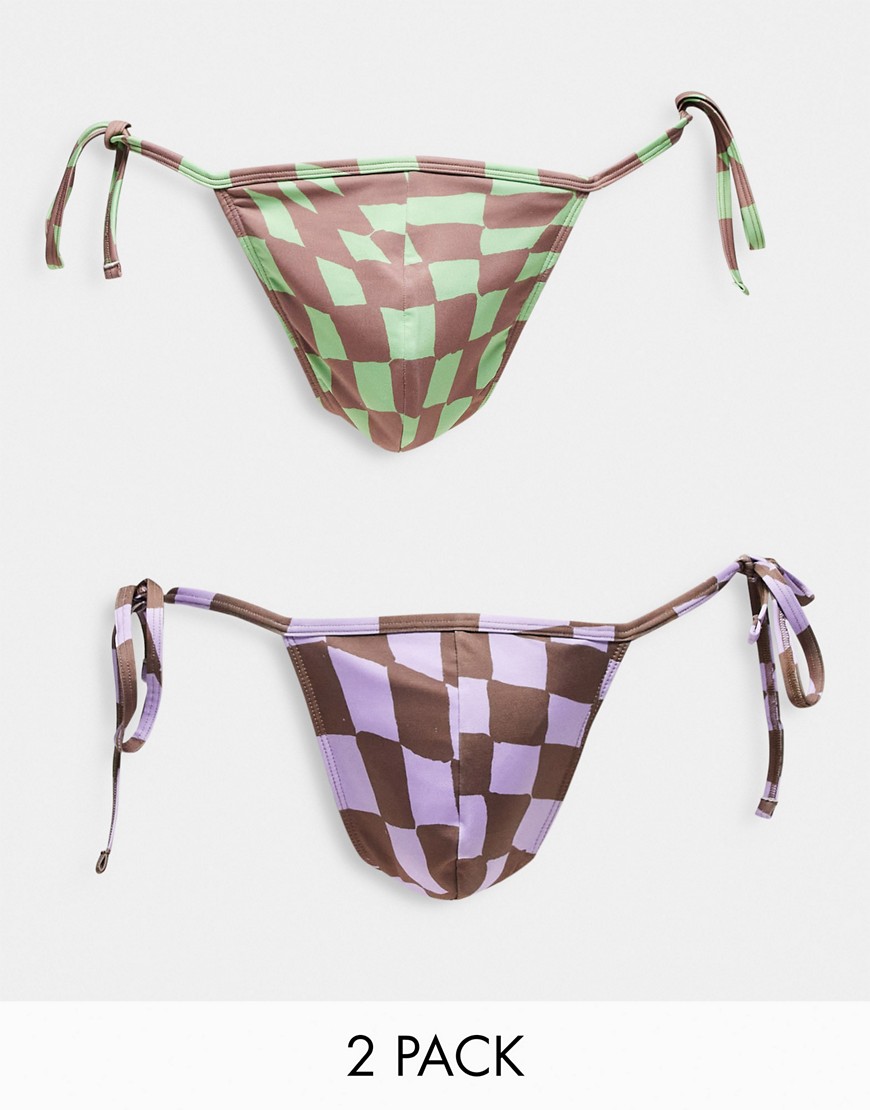 ASOS DESIGN 2 pack thong with side ties in check print