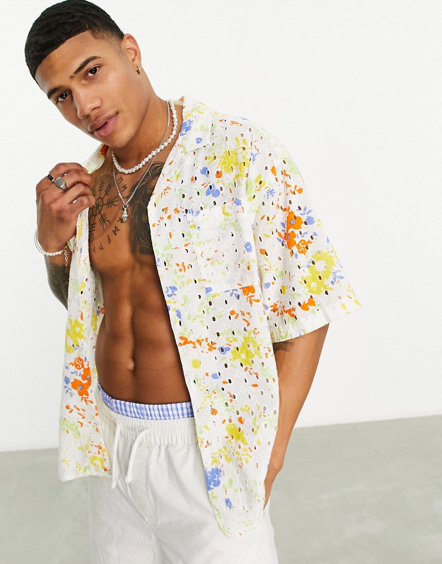 ASOS DESIGN boxy oversized camp collar broderie shirt with paint splat print