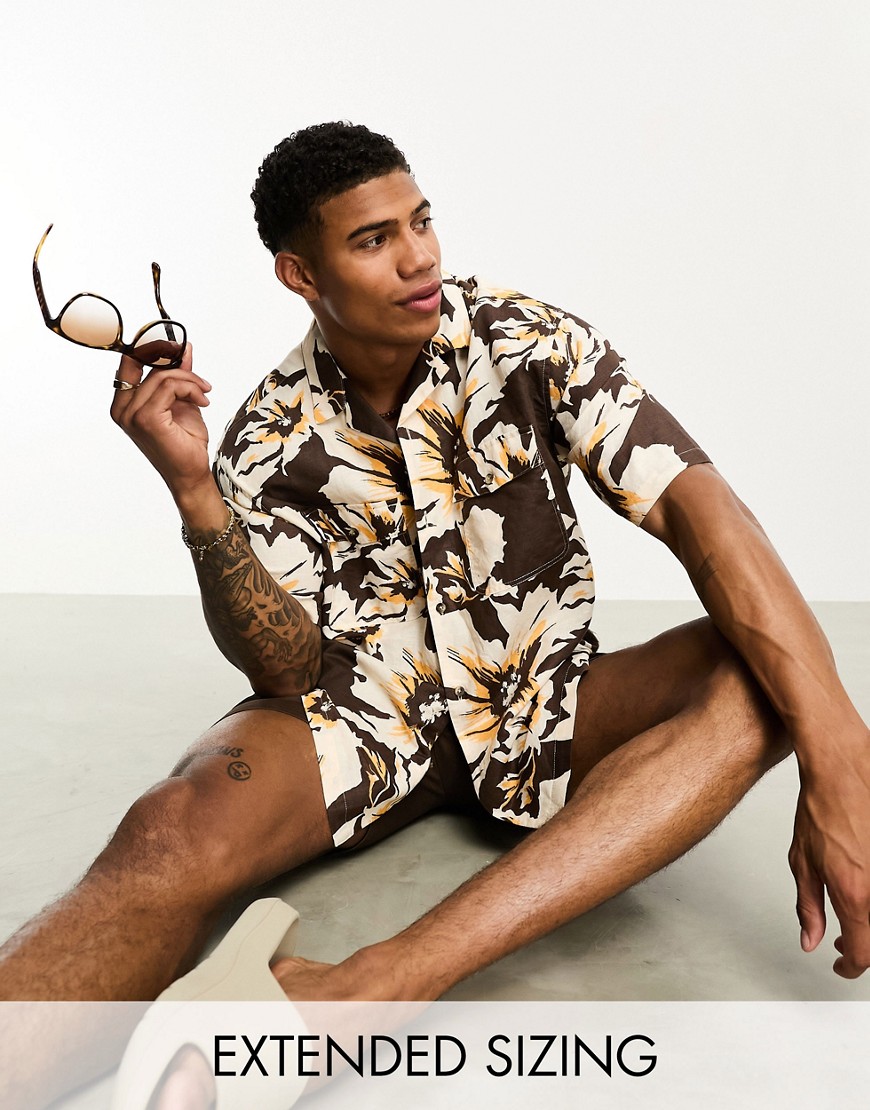 ASOS DESIGN boxy oversized camp collar linen mix shirt in brown lily print