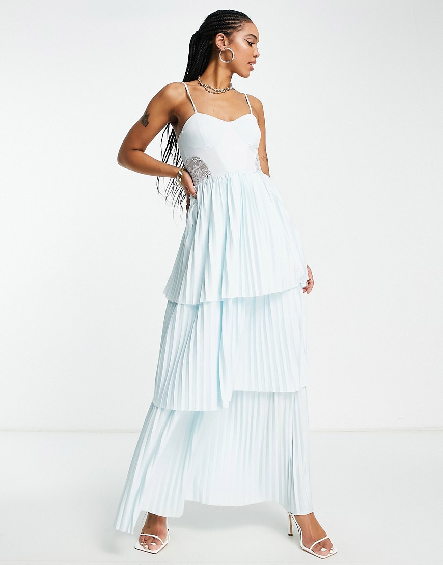 ASOS DESIGN cami tiered pleated maxi dress with lace detail in mint