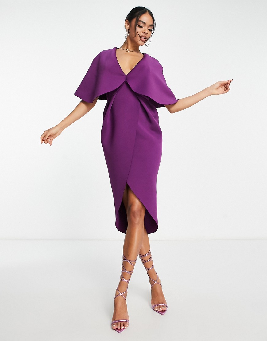 ASOS DESIGN cape detail pleated wrap midi dress in berry