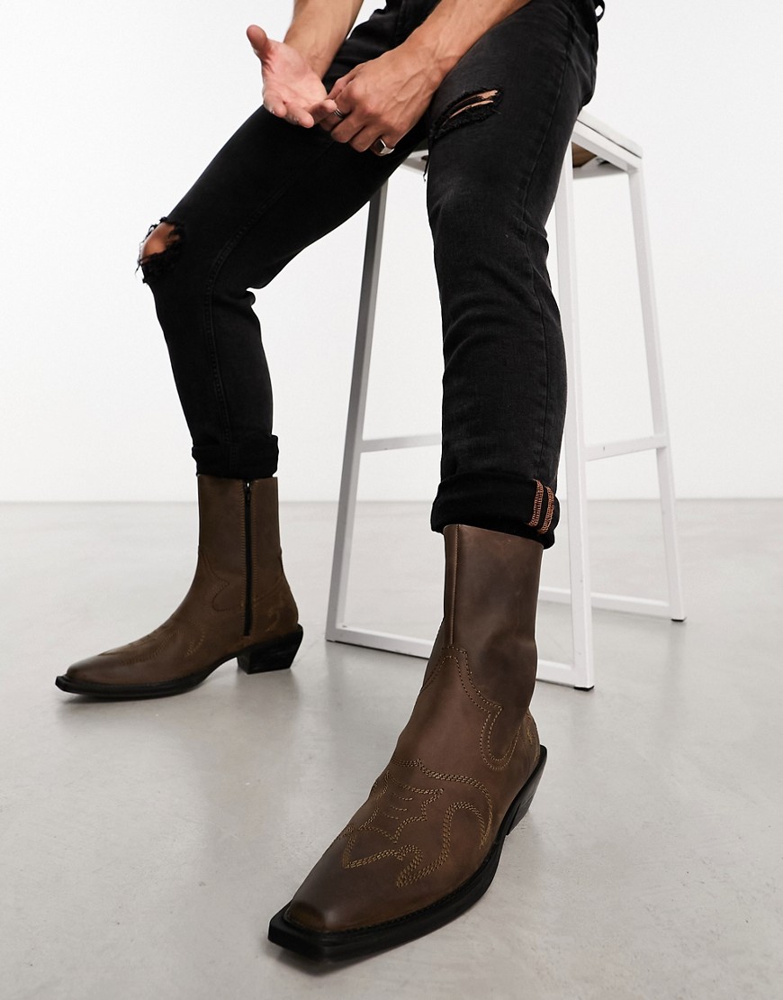 ASOS DESIGN Cuban heel Chelsea boots in brown leather with square toe