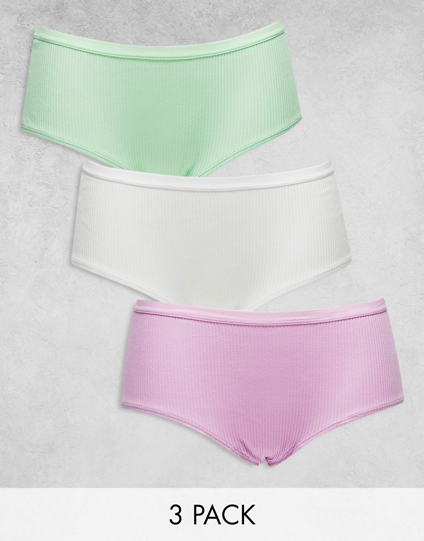 ASOS DESIGN Curve 3 pack ribbed briefs in white, lilac & pistachio