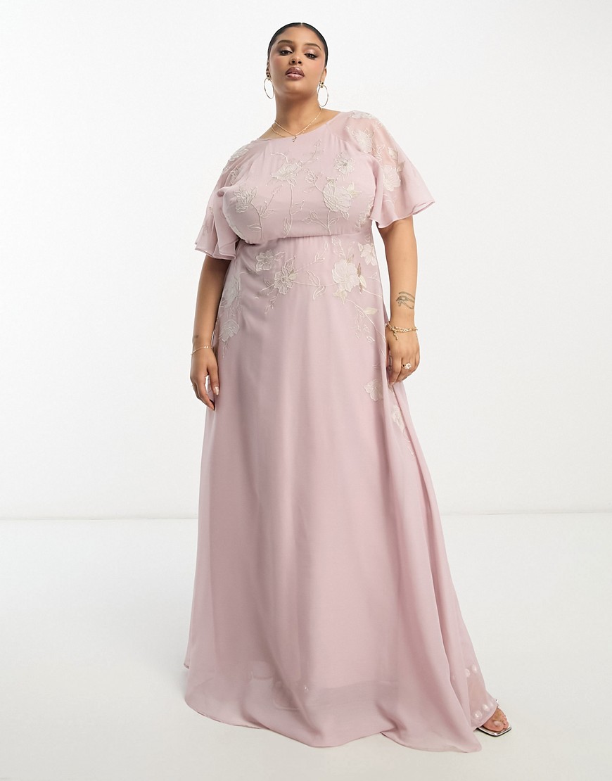 ASOS Curve ASOS DESIGN Curve Bridesmaid angel sleeve maxi dress with floral applique in rose