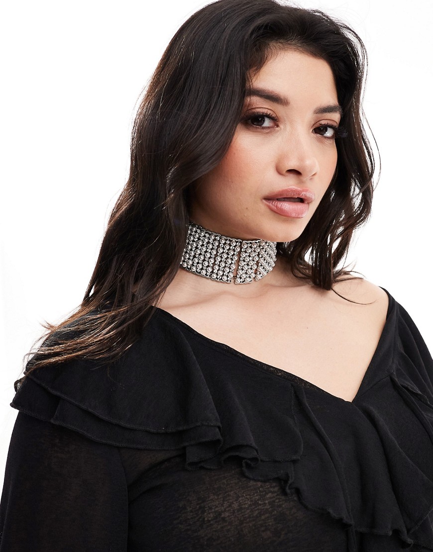 ASOS Curve ASOS DESIGN Curve Limited Edition choker necklace with faux pearl and crystal cupchain in silver tone