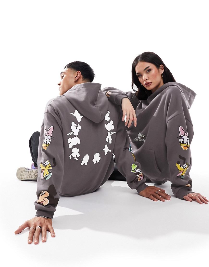 ASOS DESIGN Disney unisex oversized hoodie in charcoal with multi Mickey Mouse and friends prints