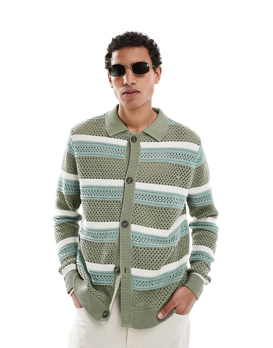 ASOS DESIGN knit pointelle cardigan in green and white stripe