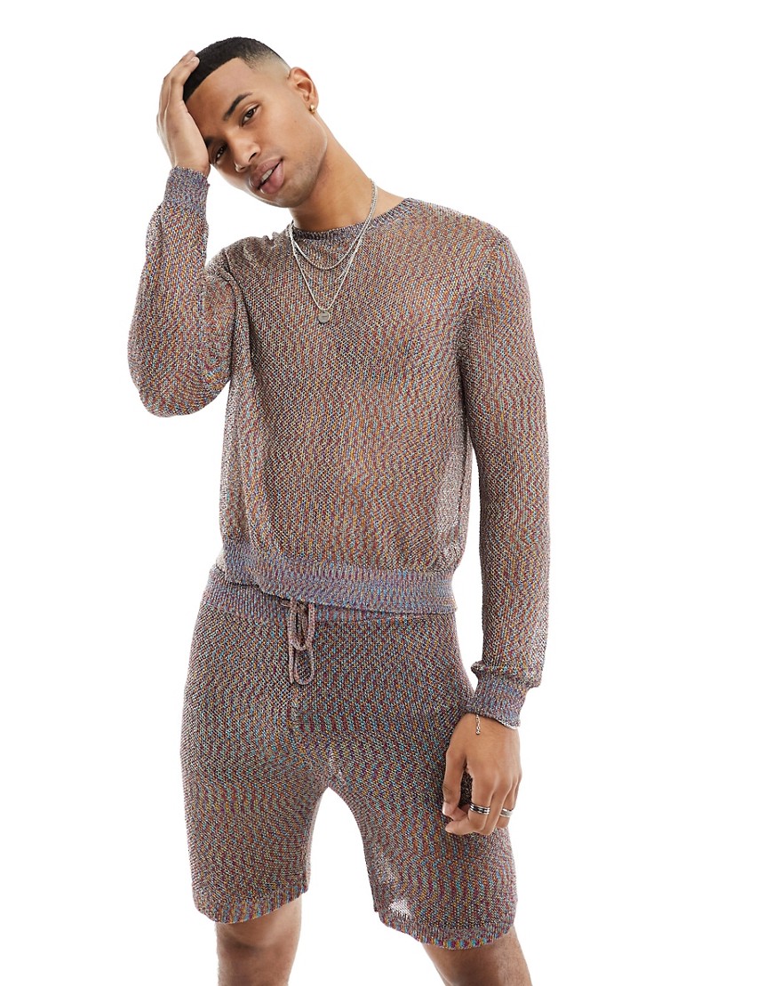 ASOS DESIGN knitted metallic mesh long sleeve sweater in multi