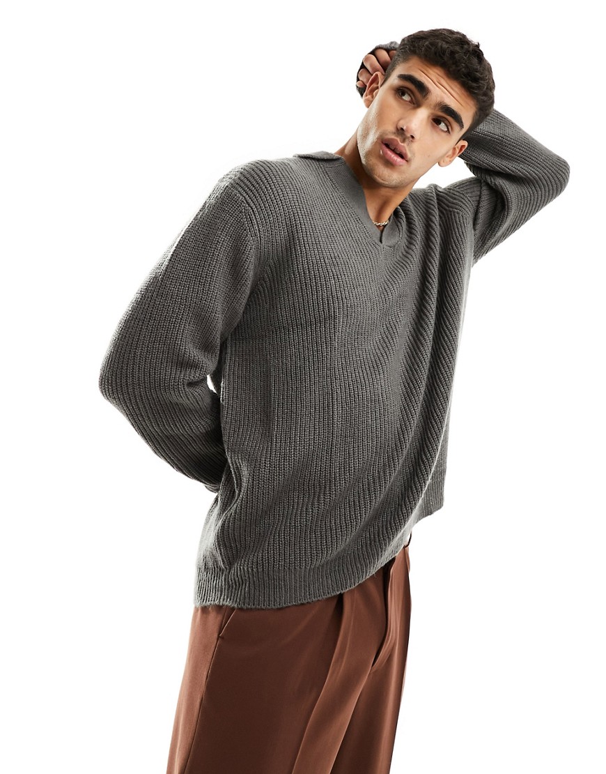ASOS DESIGN knitted oversized fisherman rib notch neck sweater in charcoal