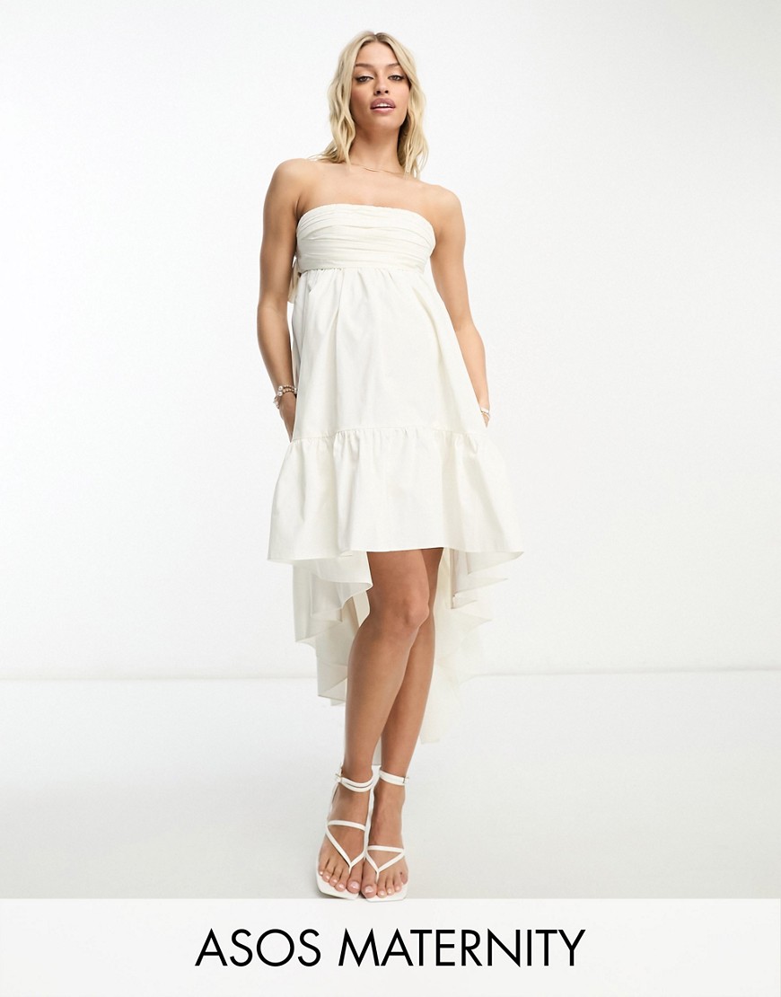 ASOS Maternity ASOS DESIGN Maternity cotton ruched bandeau midi dress with high low hem in white