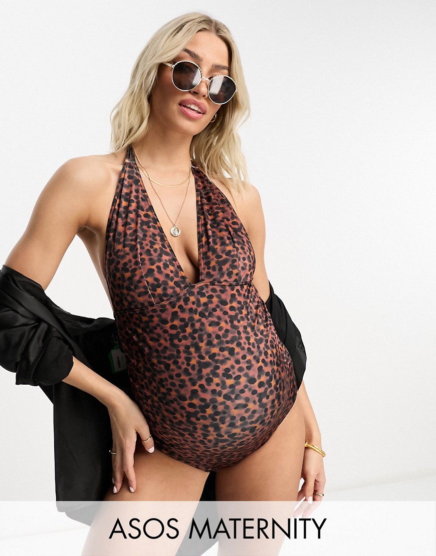 ASOS Maternity ASOS DESIGN Maternity exclusive halter plunge swimsuit in tortoise shell print