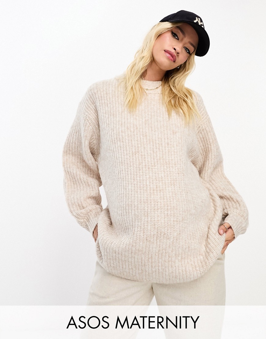 ASOS Maternity ASOS DESIGN Maternity fluffy rib sweater with crew neck in oatmeal