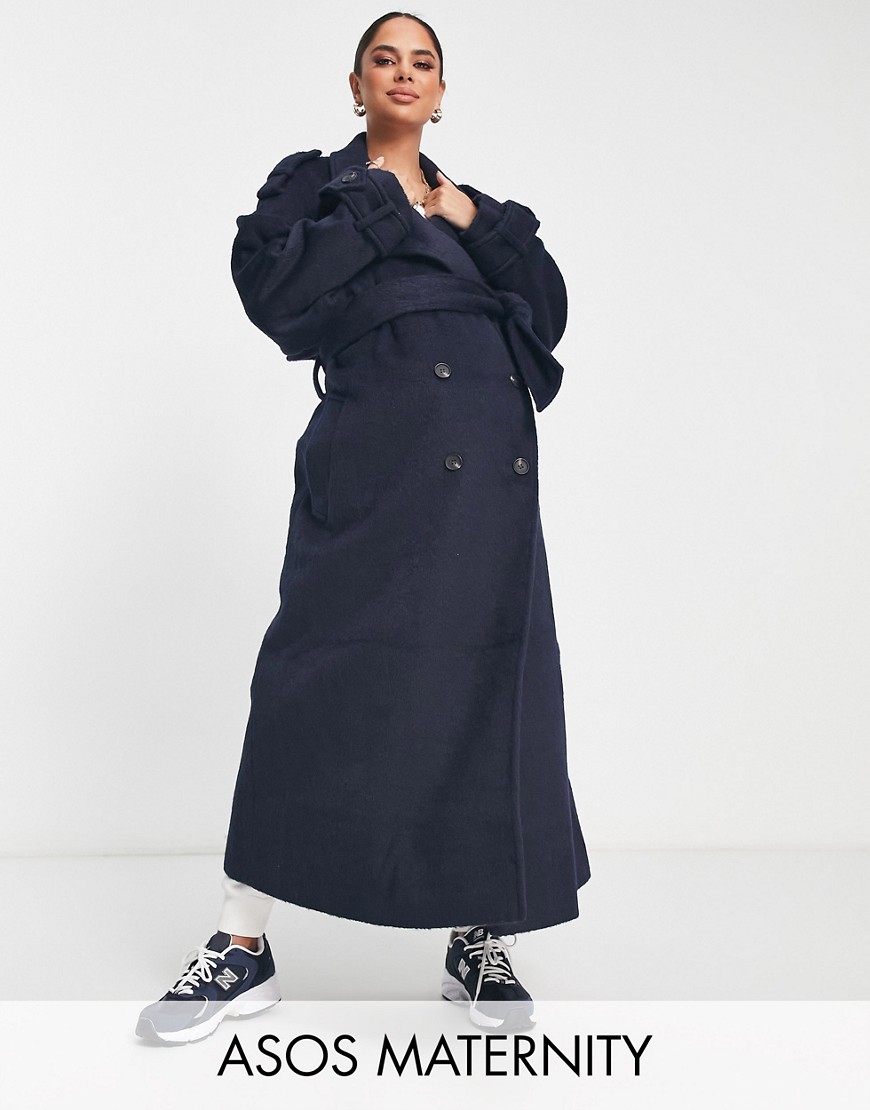 ASOS Maternity ASOS DESIGN Maternity oversized brushed formal trench wool mix coat in navy