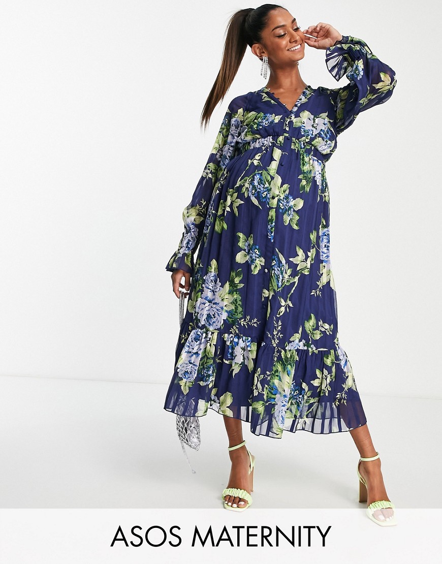 ASOS Maternity ASOS DESIGN Maternity satin stripe midi dress with blouson sleeve and button detail in navy floral print